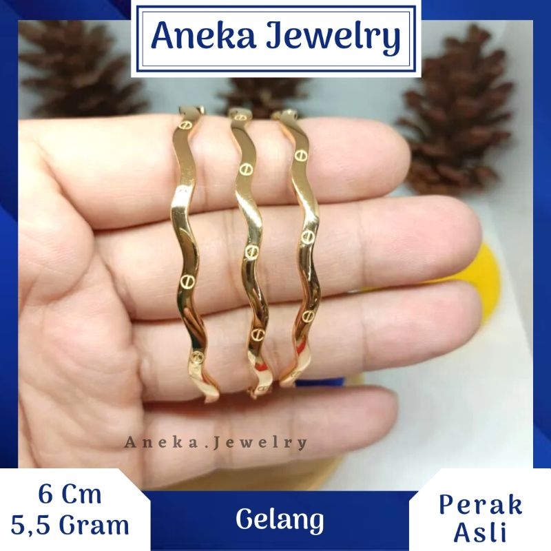 Gelang Gelombang Ukir, Sepuh Emas Kuning, Perak 925