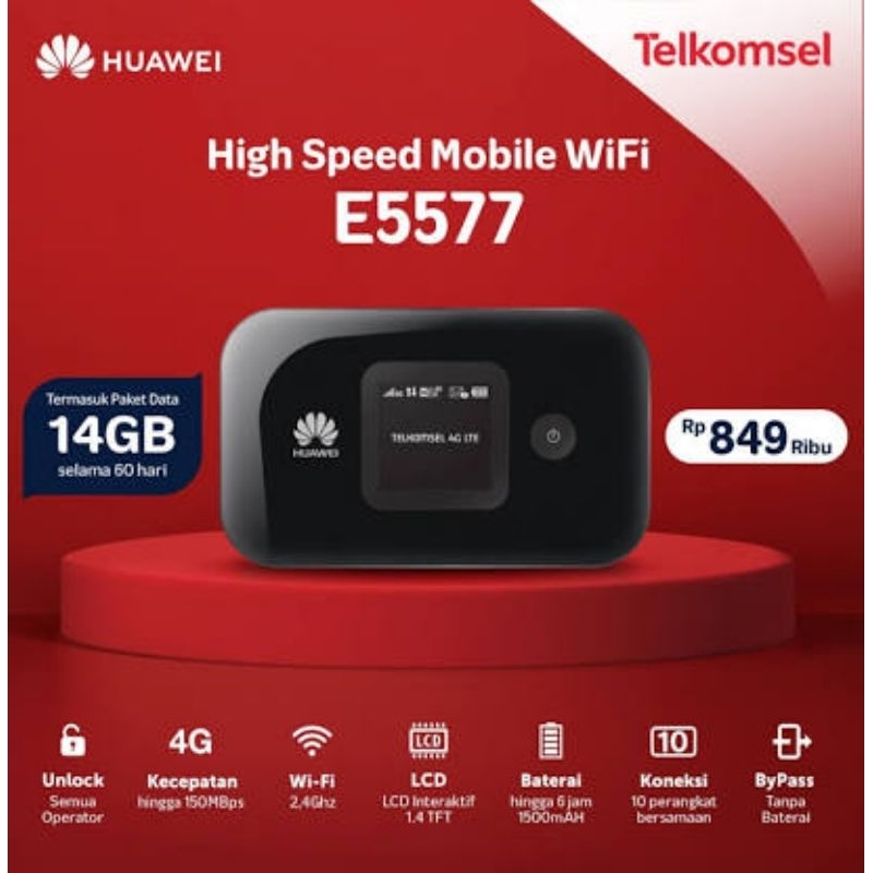 Mifi 4G Huawei E5577 Unlocked Free Tsel 14Gb 2Bln Support XL Go, Indosat, Three, Axis, Bolt