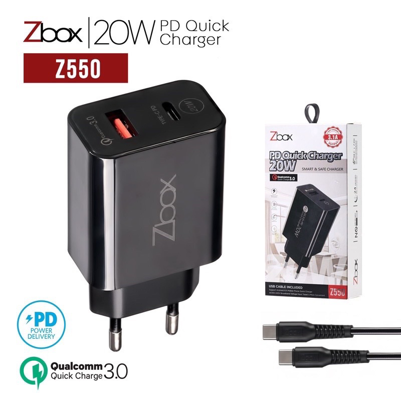 20W Charger Dual Usb A &amp; Usb C PD Fast Charging 3.1A include Kabel Type C to C 20 Watt Z-550