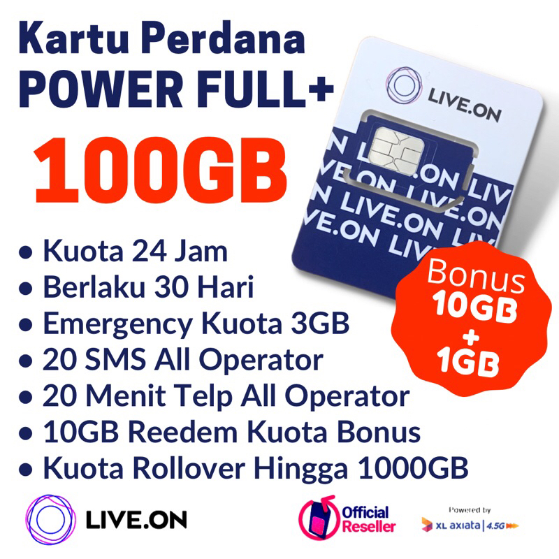 Kartu Perdana XL Live On 100Gb Power Full+ 30 Hari 24Jam Non stop