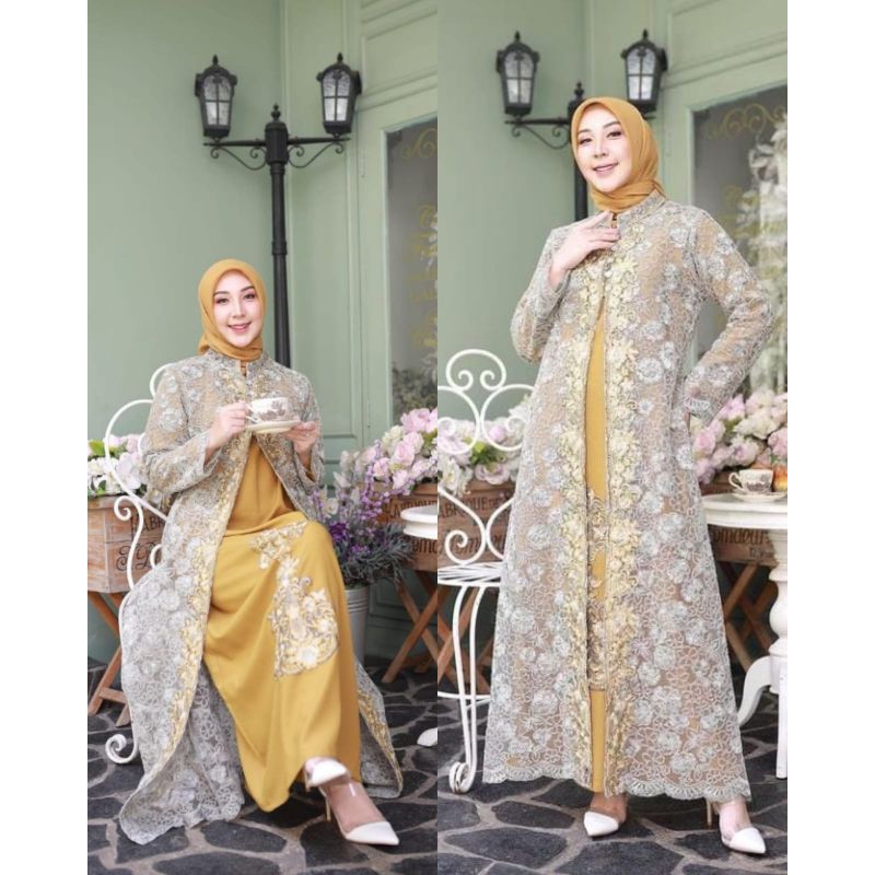 BAJU PESTA // INNER + OUTER // GAMIS LEPAS TILLE CORNELY FULL FURING BAHAN SAKURA //SERAGAMAN KELUARGA//BAJU LEBARAN// KEBAYA MODERN // KEBAYA WISUDA // By Bura