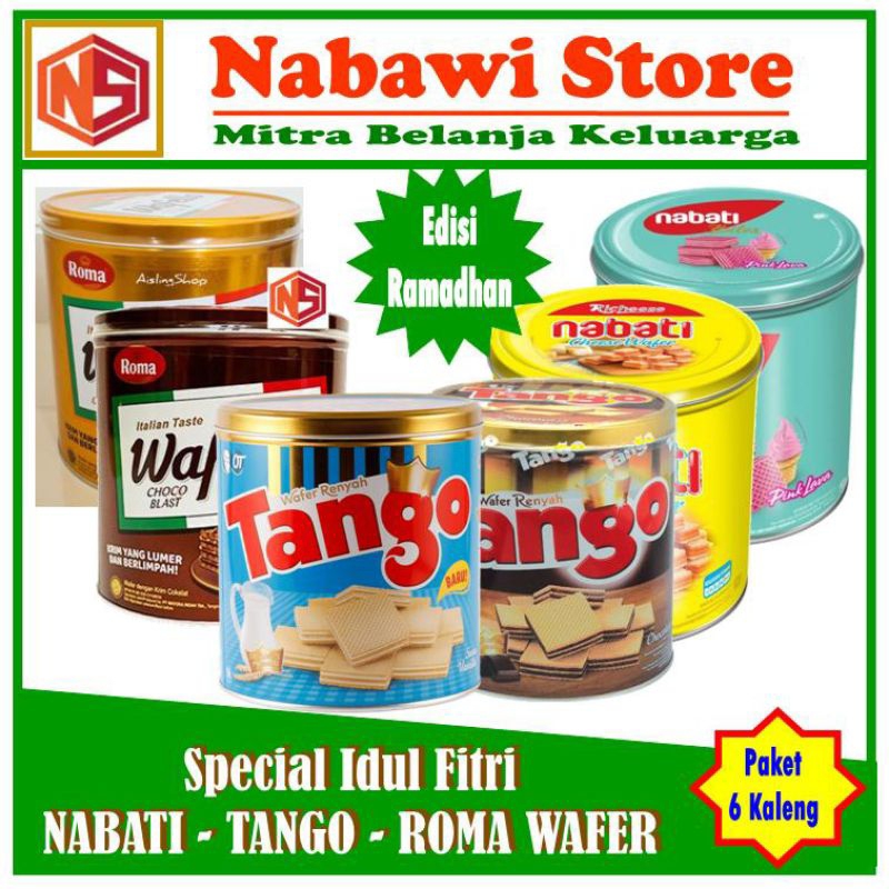 

Nabawi Store. Paket Idul Fitri. Wafer Nabati, Tango, Roma. Paket 6 Kaleng