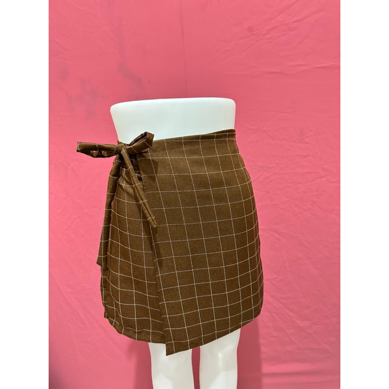 Celana Rok Pendek Korea highwaist kekinian tali pita coklat kopi COFFEEkotak-kotak allsize
