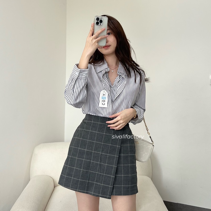 SIVALI Sora Shirt - Stripe Shirt Double Layer - Kemeja Layer Office Kantor Atasan Wanita Lengan Panjang 547