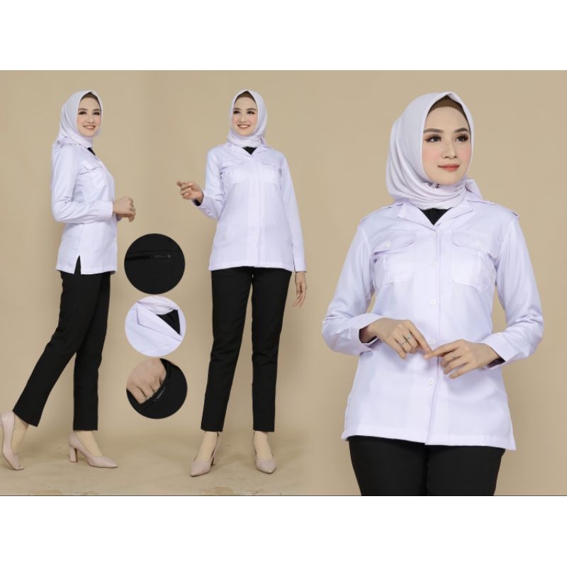 ATASAN KEMEJA PUTIH KANTONG ATAS DUA . SWT ROK A HITAM / SET ROK SPAN HITAM / SET CELANA OANJANG BAHAN KATUN UNTUK SETELAN FREE HIJAB