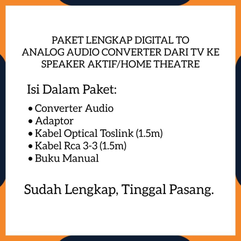 [COD] PAKET LENGKAP DIGITAL TO ANALOG AUDIO CONVERTER DARI TV KE SPEAKER AKTIF HOME THEATER / OPTICAL/COAXIAL TO RCA + KABEL TOSLINK OPTICAL AUDIO TV 1.5M ORIGINAL