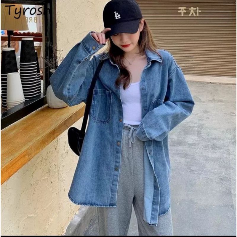 Tamstore Kemeja Oversize Wanita Jeans Atasan Kemeja Denim Lengan Panjang Ootd Kekinian