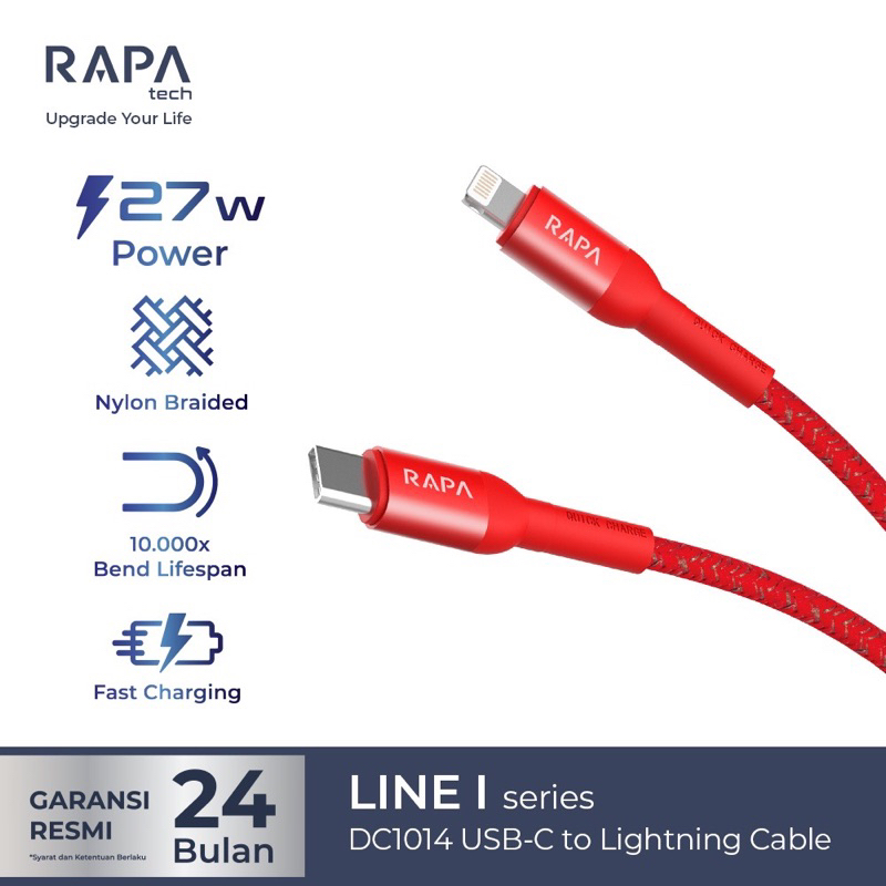 Original RAPAtech KABEL DATA USB C TO LIGHTNING PD FAST CHARGING UP TO 27W FOR iPhone 11 12 13 14 PRO MAX (DC-1014)