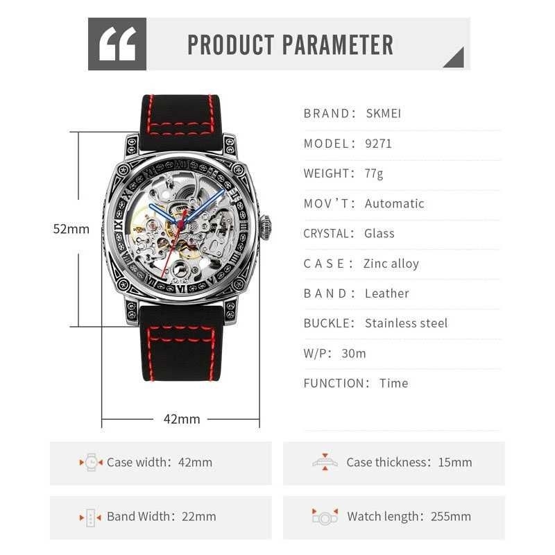 Jam Tangan Mechanical Pria Automatic Movement - 9271 Black with white stitch
