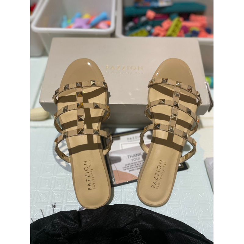 Sandal by Pazzion Ingrid Gold Studded Cage Patent Leather Slides