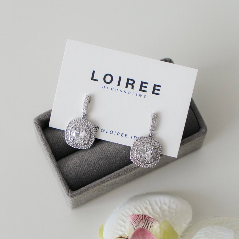 LORRAINE | Wedding Collection - Zirconia Halo Square Dangle Stud Bridal Earrings - Anting Wanita