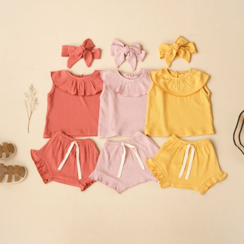 Setelan Bayi Gempi bahan katun knit bonus headband 0-12 bulan