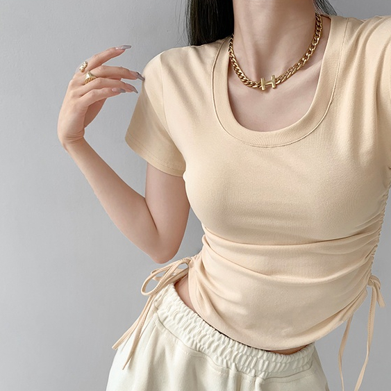 【MISSHONEY】Round Neck Ruched Drawstring Knot Crop Top  T-Shirt  7407 S/M/L