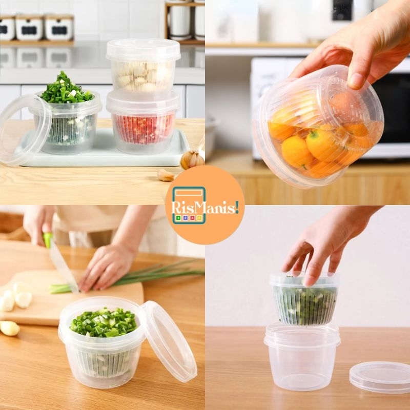 FOOD DRAIN ROUND STORAGE - Toples Plastik Bentuk Bulat Penyaring Air Cucian Wadah Dapur Tempat Tirisan Sayur Potongan Daun Bawang Saringan Peniris Buah Penutup Kedap Udara Anti Tumpah Box Bumbu 2 Layer Kotak Penyimpanan Kulkas Lemari Es 2 Lapis