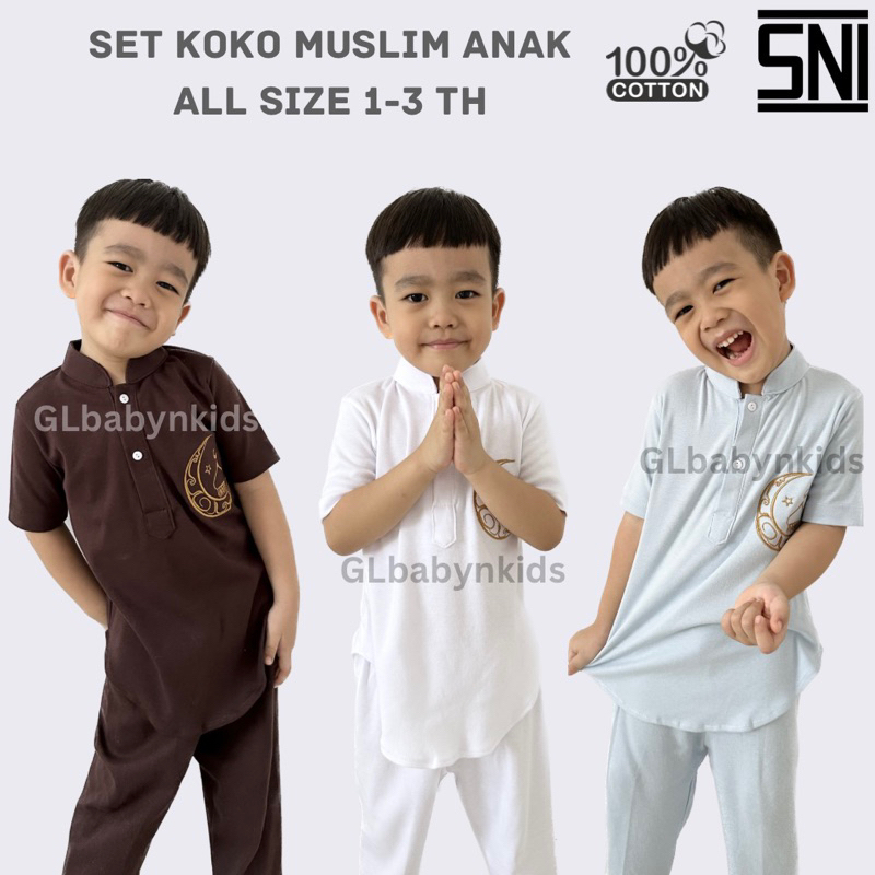 Setelan Koko Muslim Anak Bordir All Size 1-3 Tahun Katun 100% SNI