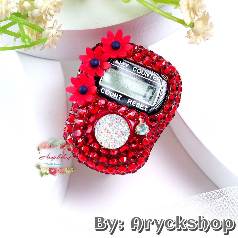Tasbih Digital Blink Blink MERAH THREE DAISY Tasbeh Swarovsky kado ultah Hampers termurah Souvenir u