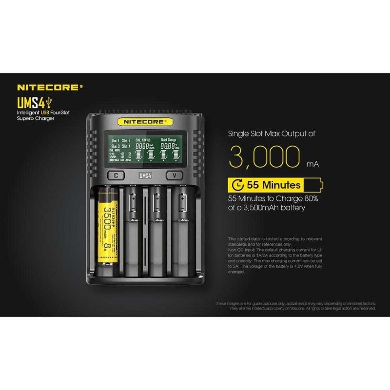 NITECORE Intelligent QC2 USB Charger Baterai 4 Slot Li-ion NiMH - UMS4 10440, 14500, 14650, 16500, 16340(RCR123), 16650, 17350, 17500, 17650, 17670, 17700, 18350, 18490, 18500, 18650, 18700, 20700, 21700, 22500, 22650, 25500, 26500, 26650, 26700 AA AAA