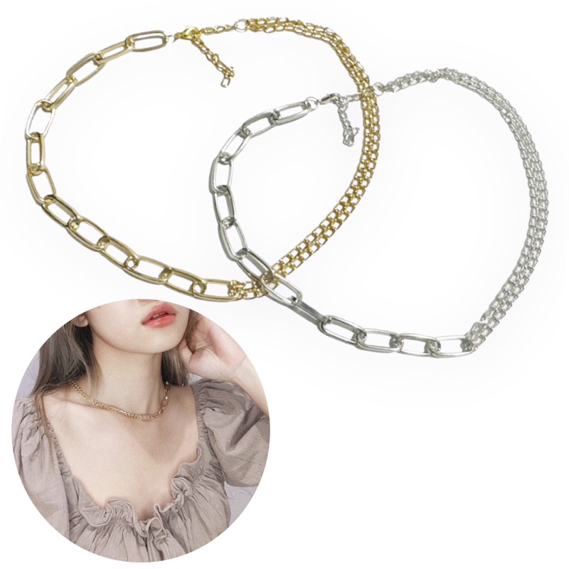 Monroe Asymetric Oval Double Chain Necklace Choker Kalung Rantai Asimetri