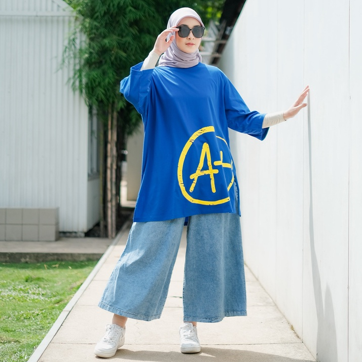 NJFabrics Oversize T-shirt  A+ Tunik Kaos Lengan 3/4 Wanita LD 120cm Kaos Premium Hitam - Biru - Hij