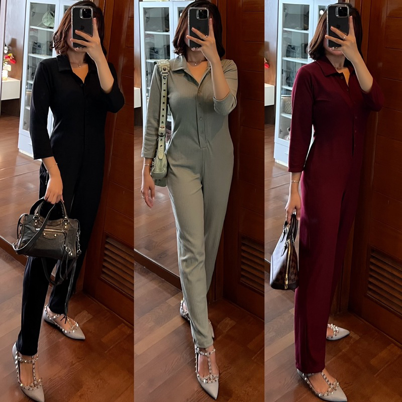 JUMPSUIT KNIT PAKAIAN WANITA BAJU HANG OUT JUMPSUIT HIJAB JUMPSUIT TANGAN PANJANG JUMPSUIT TANGAN PENDEK FULL KANCING HIDUP