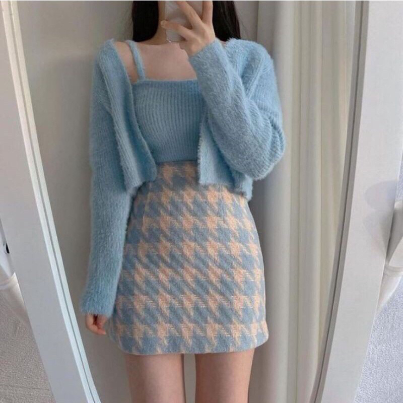 Naya Set Cardigan Fluffy Girly Classic Furry Set Outer Square tanktop Korean set crop bulu knit READ