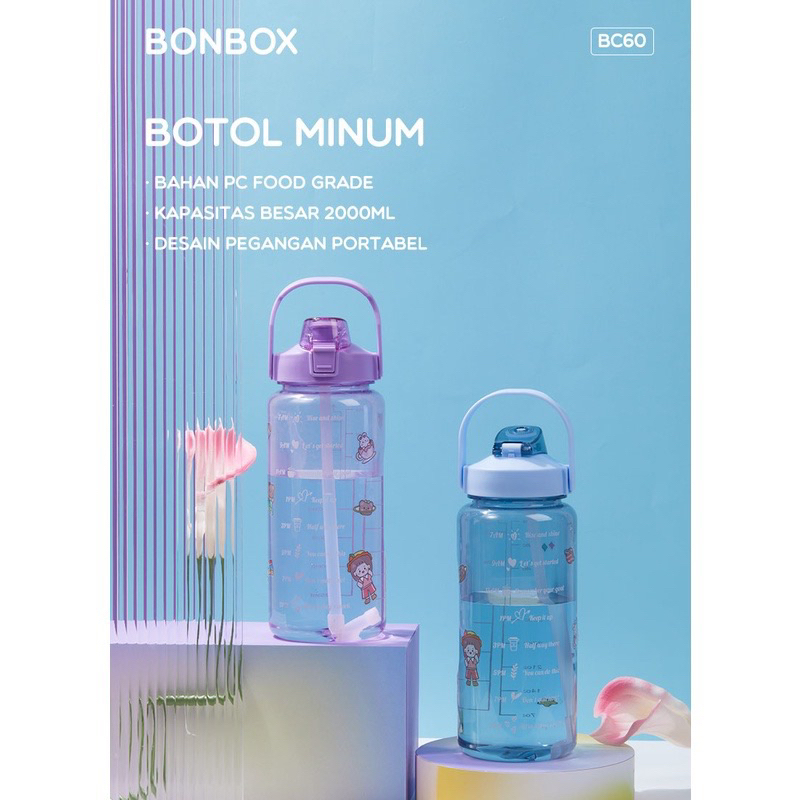 Bonbox BC60 BC70 Botol Minum Motivasi 2 Liter 2000ml1400ml Jumbo Tumblr Portable Sport Air Plastik Bening Handle Botol Minum VIral