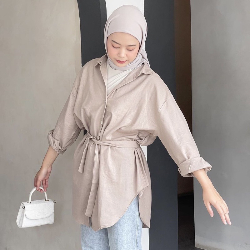 Kemeja Wanita Linen Premium Purry Basic Shirt Atasan Wanita Terbaru Full Kancing Lengan Panjang Free Belt Fashion Remeja Dewasa Kekinian