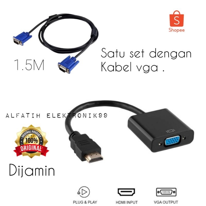 KABEL VGA MALE TO VGA MALE 1.5 METER + CONVERTER ADAPTER HDMI MALE TO VGA FEMALE UNTUK MENYAMBUNGKAN LAPTOP KE PROYEKTOR