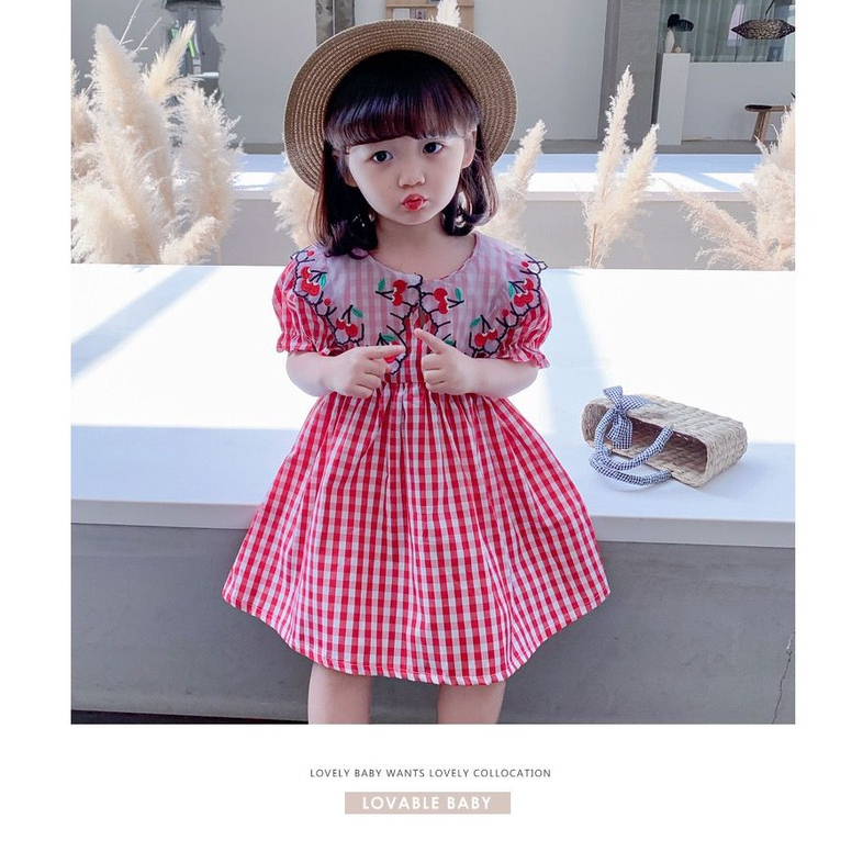 Dress Anak Perempuan Fashion Import - Motif Merah kotak Kerah Lace Cherry