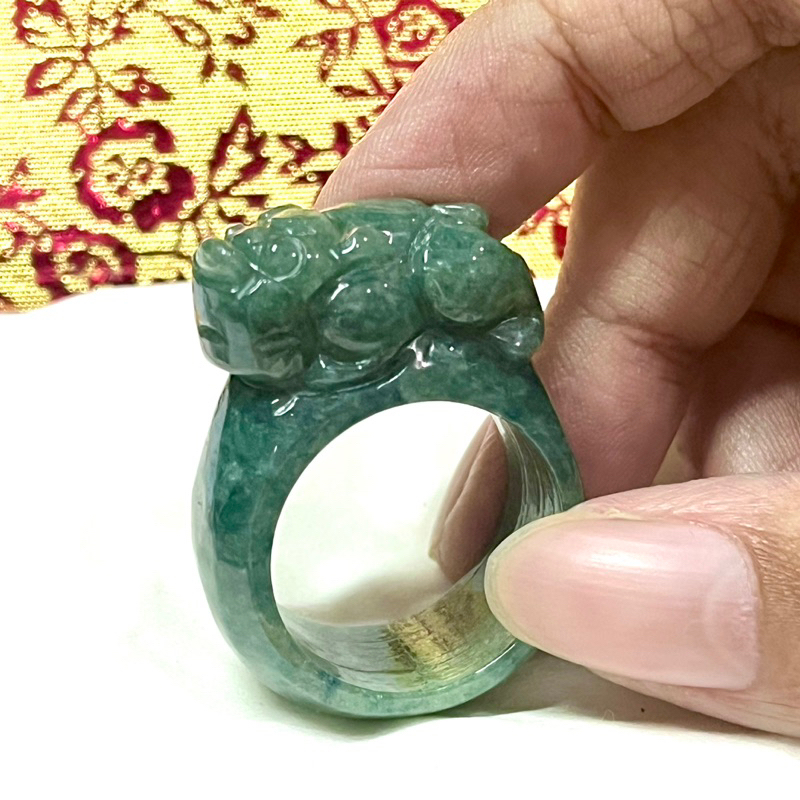 Y31579 Cincin Giok Jadeite Ukiran Pixiu Bersertifikat Grade A Ring Size 11 US