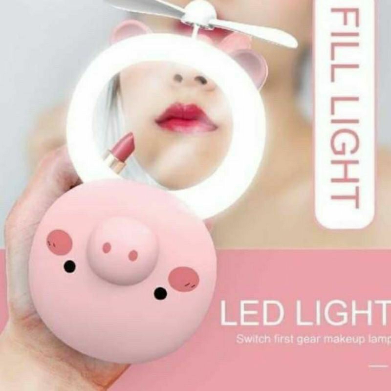CERMIN LAMPU LED Mini Fan Kipas karakter 3 In 1 Portable USB Kaca Rias Make Up Murah