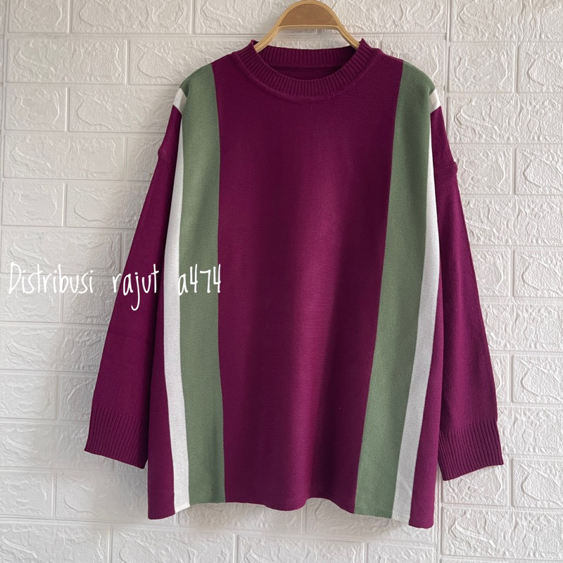 OUDET ATASAN SWEATER OVERSIZE STIRPE MOTIF KANCING SAMPING TERBELAH