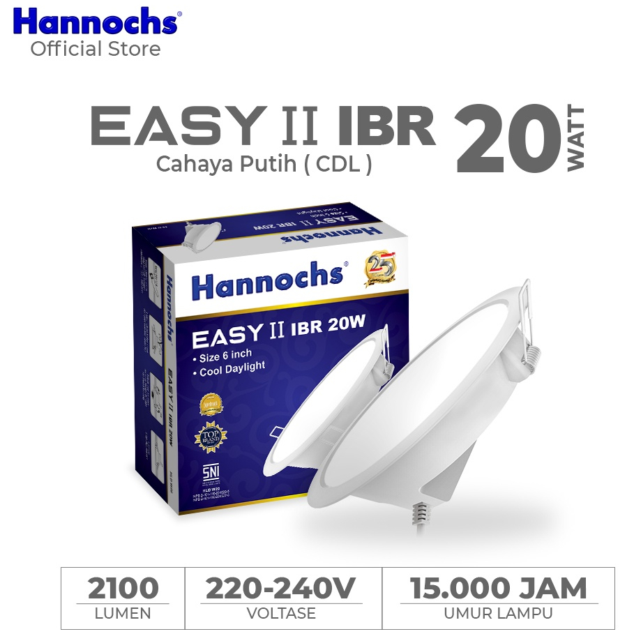 Hannochs Easy II IBR Downlight Lampu LED Bulat 3-5-7-9-12-15-20 Watt Cool Daylight Putih BONUS Terminal Jepit