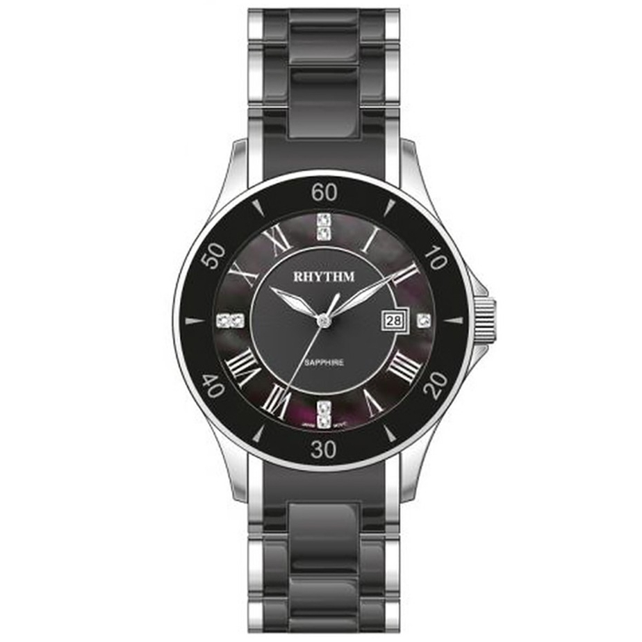 JAM TANGAN WANITA RHYTHM C1403 T05 C1403T05 ANALOG BLACK CERAMIC STAINLESS STRAP