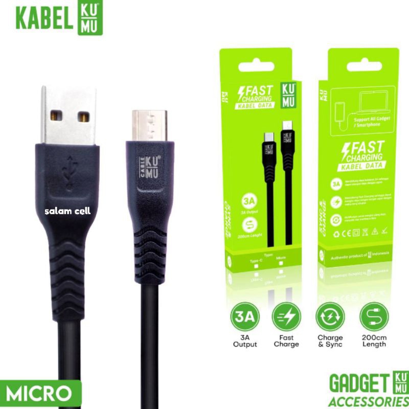 Kabel Data Micro Usb Panjang 2M KuMu 3A Fast Charging Original By Wellcomm Garansi Resmi