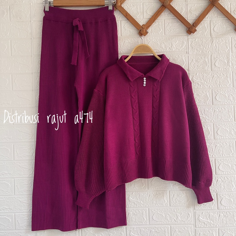 ONESET SWEATER RAJUT SHELLA SETELAN CELANA KULOT RAJUT WANITA