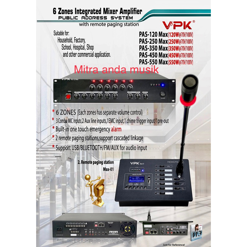 power amplifier public address 6 zona speaker vpk pas120max 120w 100v
