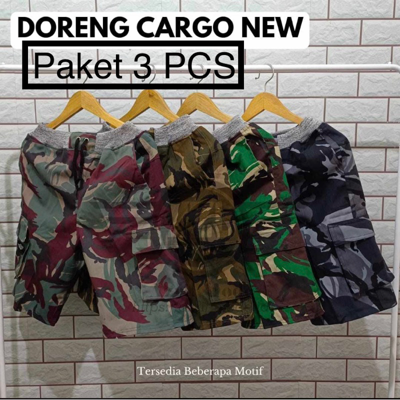 Bundle 3 PCS Celana Pendek Pinggang Karet Cargo / Kargo Doreng Loreng Bahan American Drill By Mall indonesia