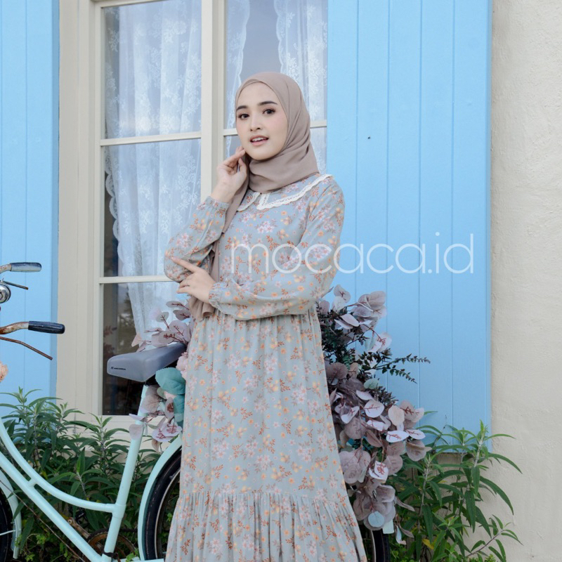 Gamis rumahan renda depan busui rayon premium - motif shabby green pastel