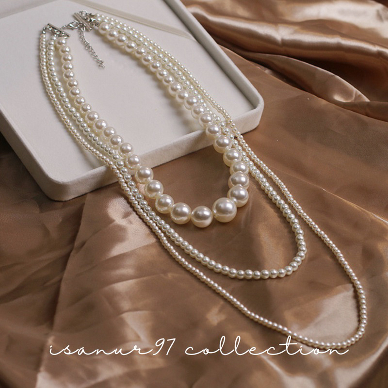 Tiffany Kalung Mutiara Tumpuk 3 Kalung Mutiara Kondangan Necklace Pearl Kalung Double Layer Mewah Korean Style