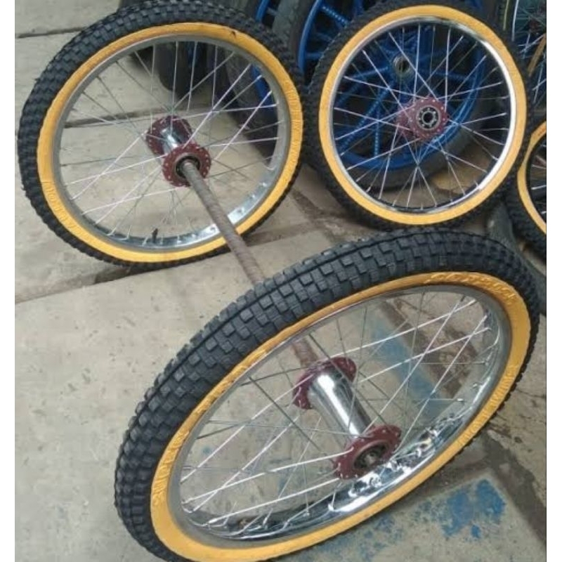 1 Set roda gerobak jari-jari ring 20 [ukuran sepeda bmx] berikut as TINGGAL PASANG SAJA