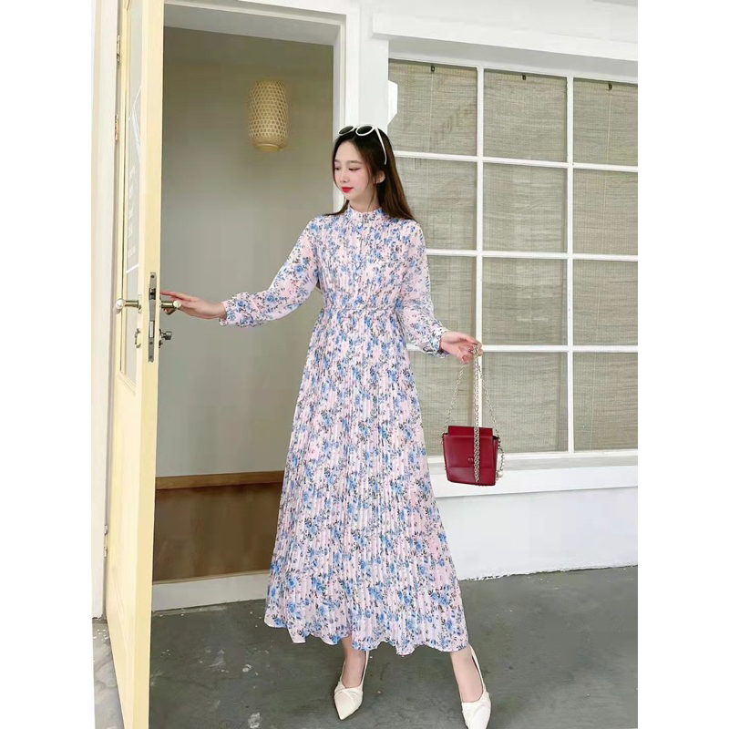 [KIKI]Maxi dress wanita motif bunga rok plisket gamis muslim