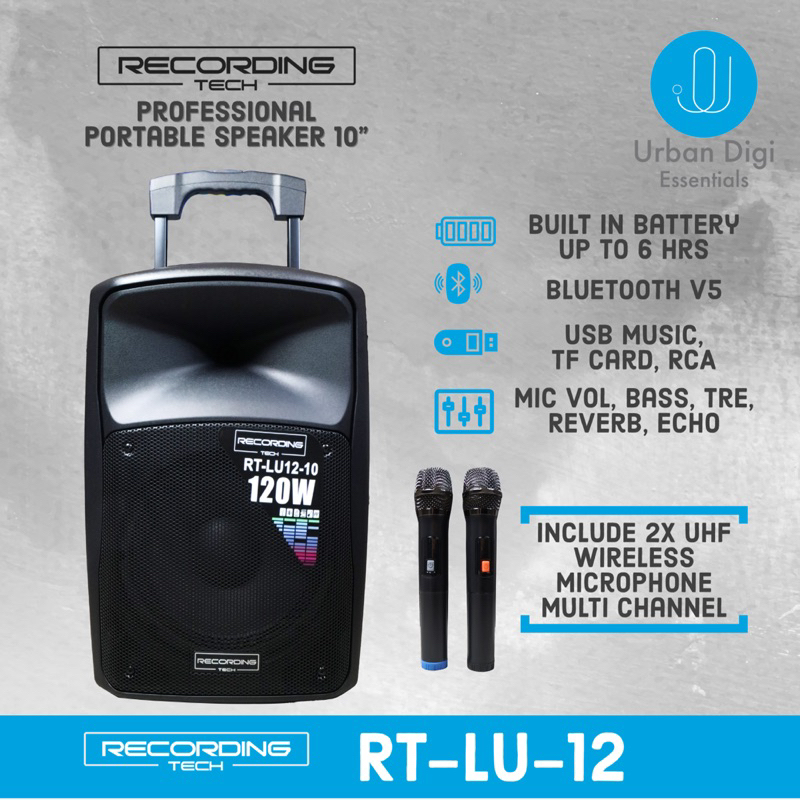 Recording Tech RT LU 12 - Professional Portable Speaker Aktif dengan 2 Buah UHF Wireless Mic Multi F
