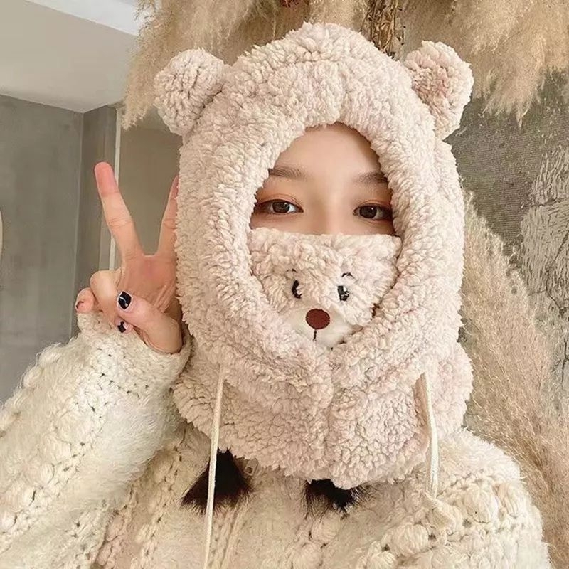 topi kupluk masker bear kawaii 2in1 serut / Topi Kupluk Plush Gaya Korea Aksen Telinga Beruang Untuk Anak Perempuan kepala beruang tali dagu