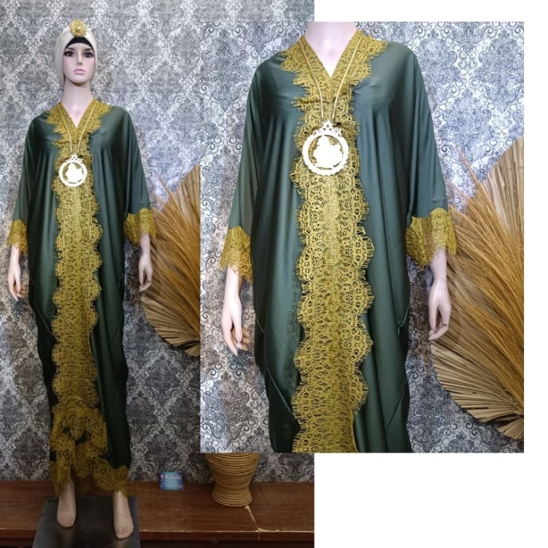 Kaftan Azizah Armany Silk Renda Lace Polos | Kaftan Polos Satin - Modeluv