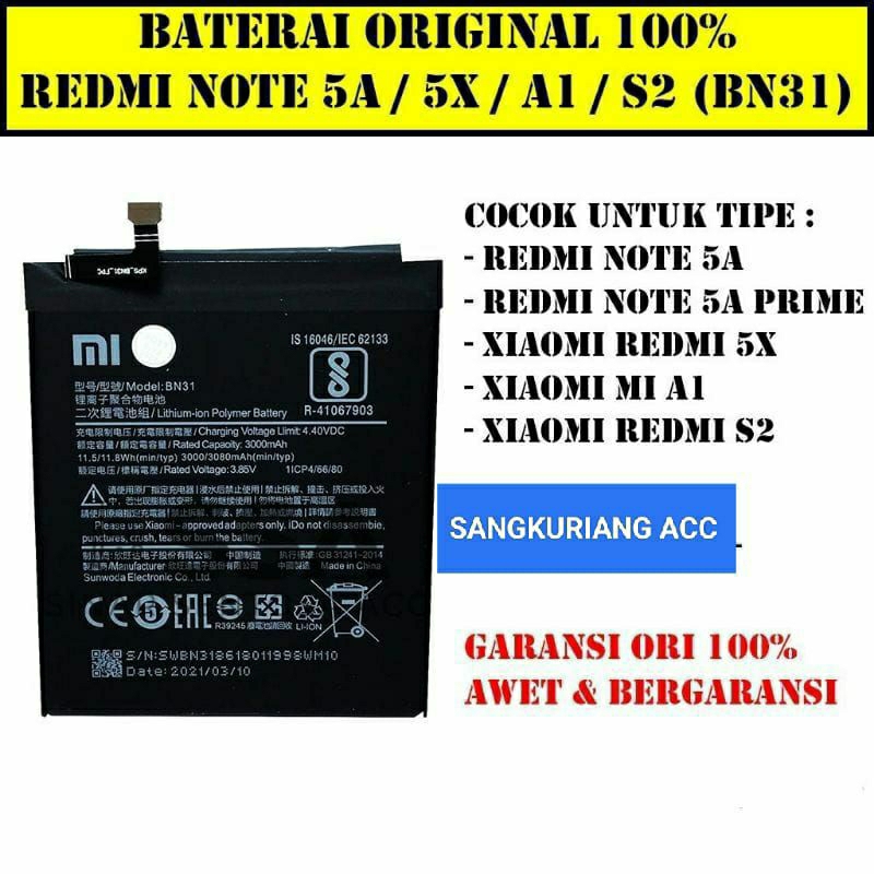 Baterai Battery Xiaomi Redmi BN 31 XIAOMI MI A1 /M15X/REDMI S2 /NOTE 5A NOTE 5A PRO NOTE 5A PREM