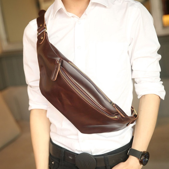 ONLYONE12 Tas Selempang Kulit / Tas Pria Tas Selempang Dada / Tas Pria Warna Hitam Polos / Waist Bag Pria