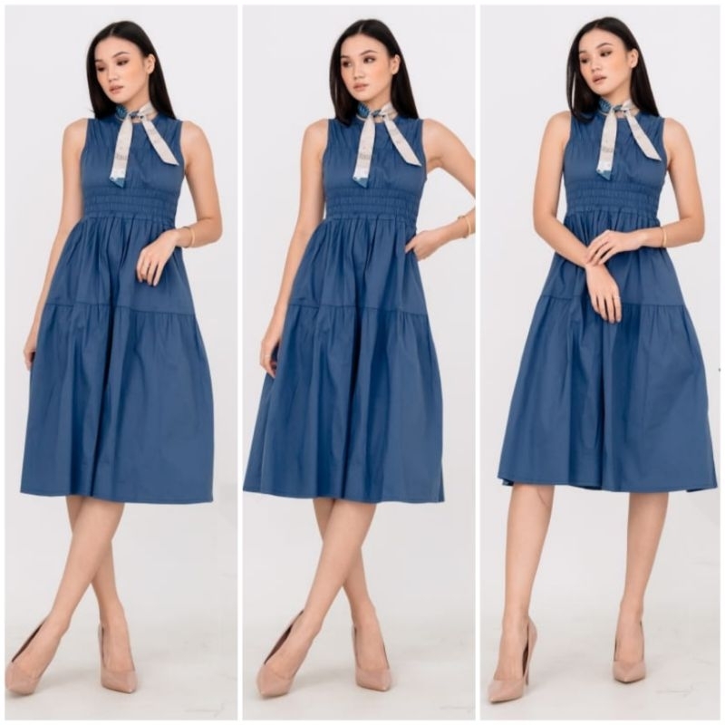 ♡ PREMIUM ♡ REAL PIC ! JILLAINE VINTAGE PLAIN LESS SLEEVE SMOCKED RUBBER MIDI  DRESS