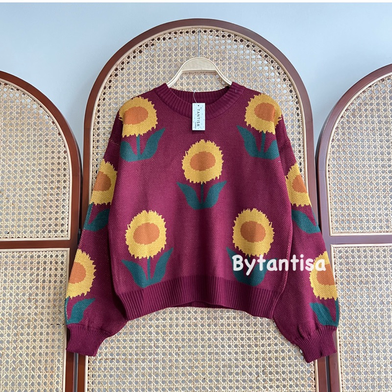 SWEATER RAJUT MOTIF SUNFLOWERS IMPORT KNIT