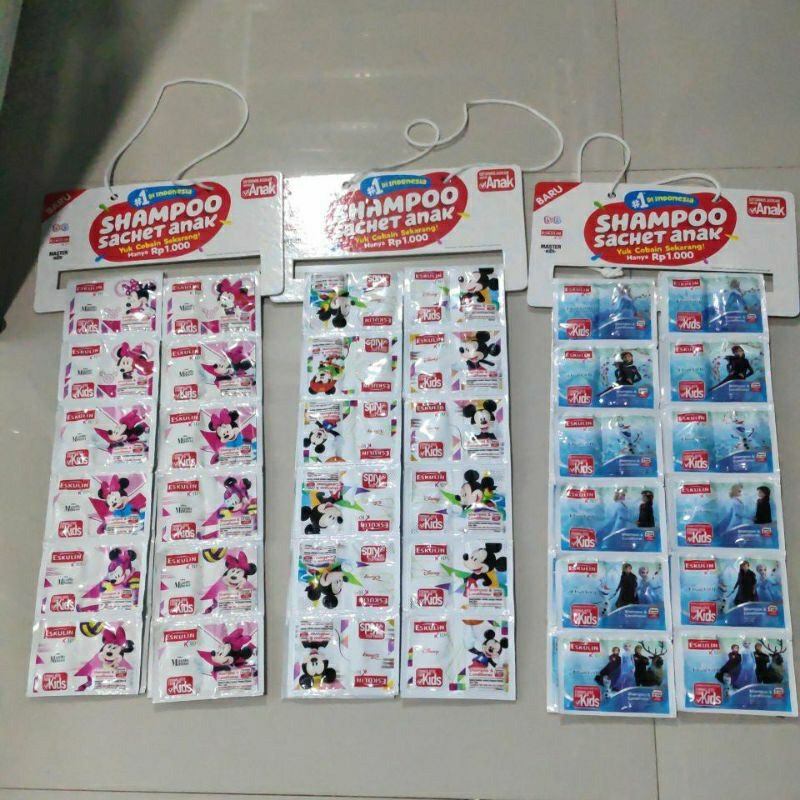 Shampoo &amp; Conditioner Eskulin Kids 1 Renceng 12 PCS Sachet Sampo anak Shampo Saset disney Mickey Minnie Frozen lembut dimata Extract Aloe Vera